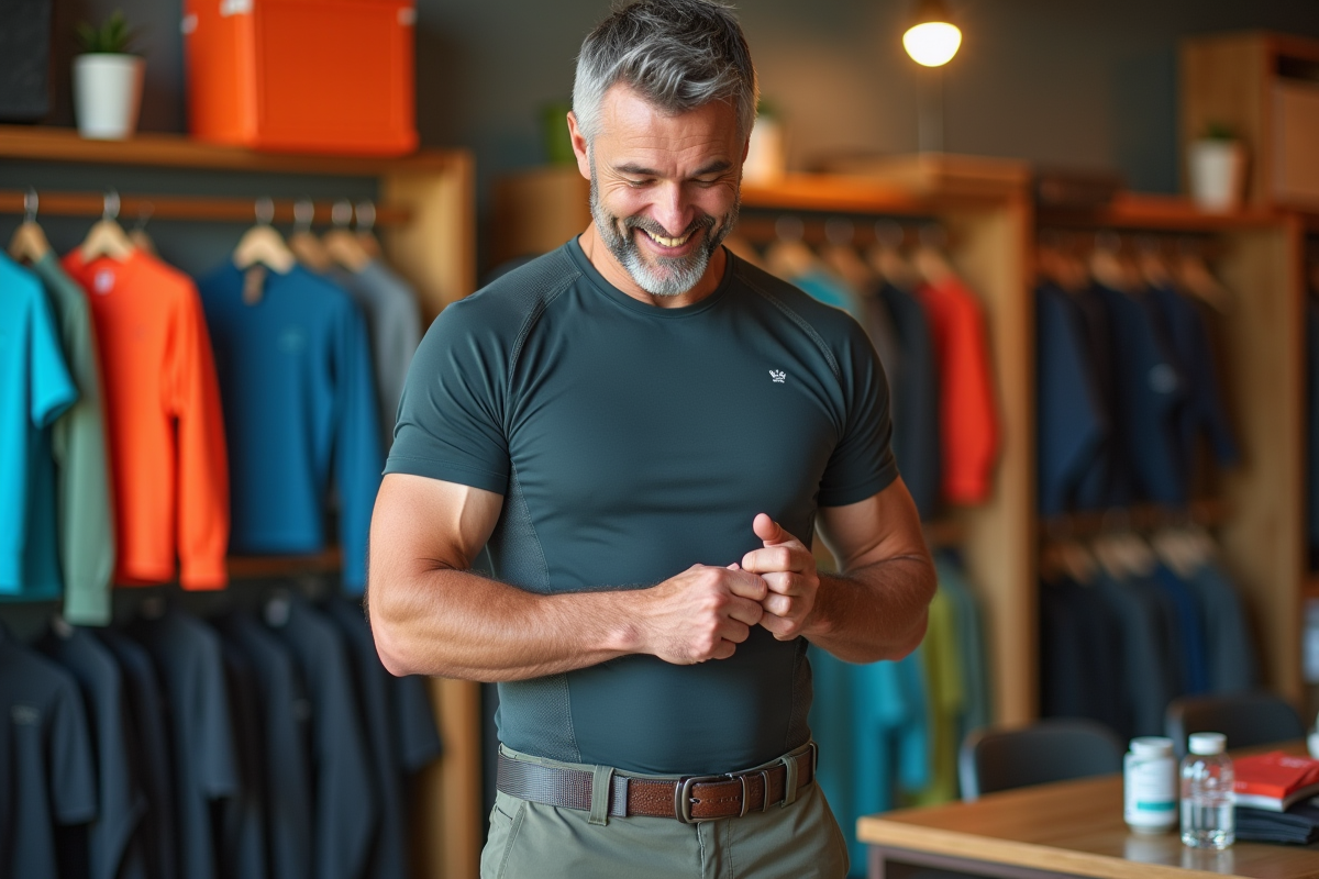 Homme examinant un vêtement technique en magasin outdoor