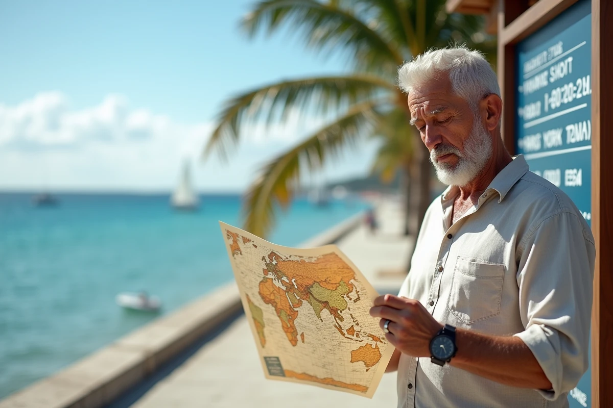 Homme âgé regardant sa montre avec une carte du monde en main