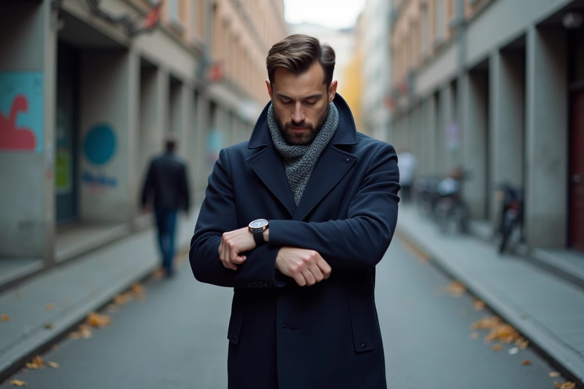 Homme regardant sa montre dans une rue urbaine automnale