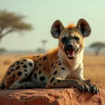 Hyène tachetée au repos sur un rocher de savane africaine, gueule entrouverte avec une expression décontractée rappelant Ed le Roi Lion