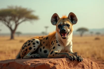 Hyène tachetée au repos sur un rocher de savane africaine, gueule entrouverte avec une expression décontractée rappelant Ed le Roi Lion
