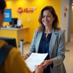 Femme remettant des documents imprimés à un employé de La Poste au guichet, solution d'impression en déplacement