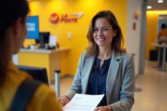 Femme remettant des documents imprimés à un employé de La Poste au guichet, solution d'impression en déplacement