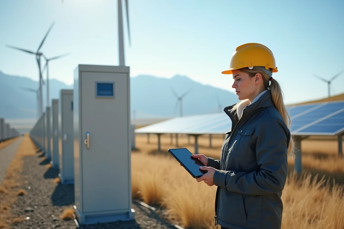 Jeune ingénieure inspectant des batteries d