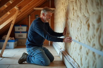 Homme d'âge moyen installant l'isolation dans un grenier