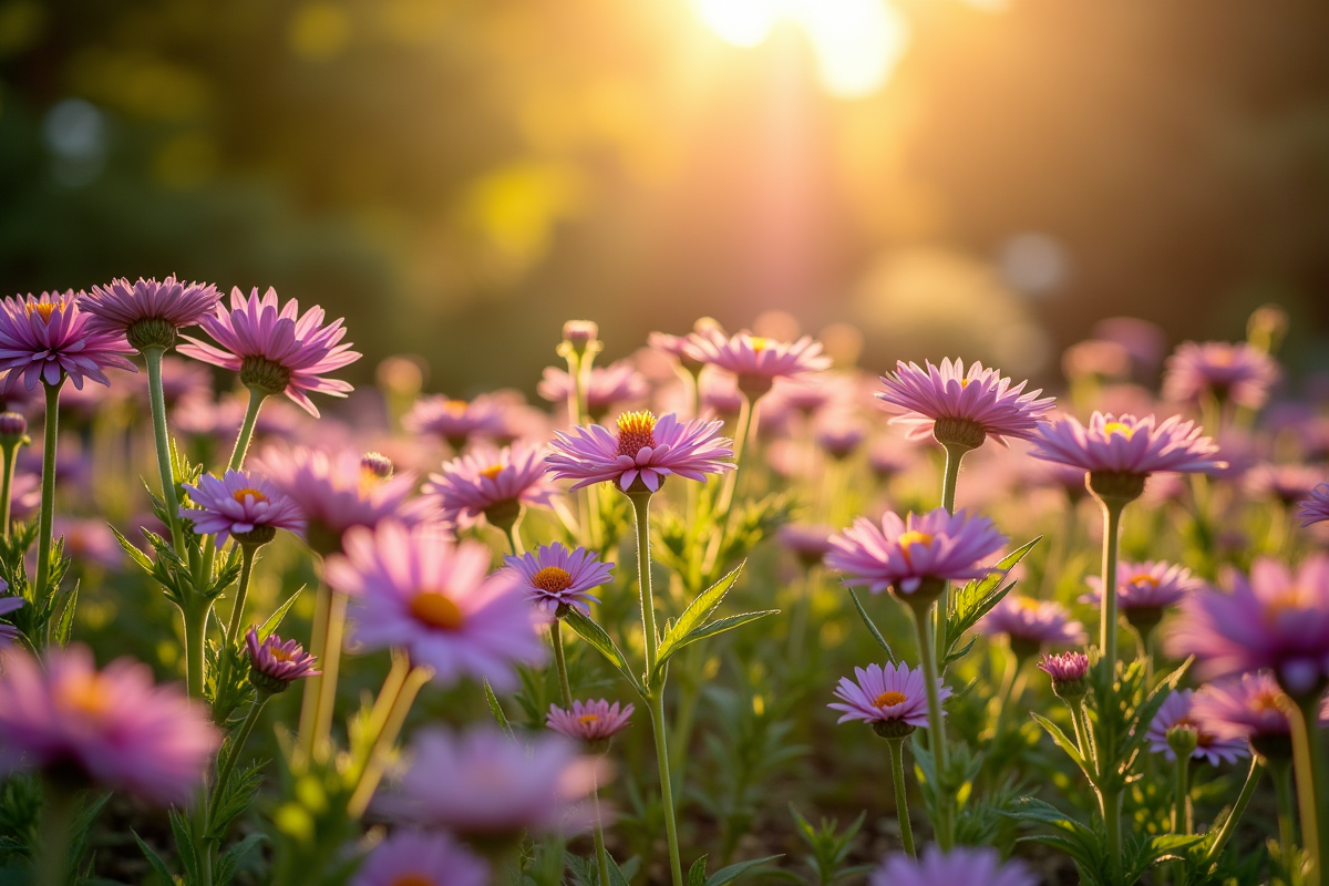 Jardin ensoleille avec asters et alliums en pleine floraison