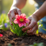 Mains de jardinier plantant des anemones et agapanthus en plein jour