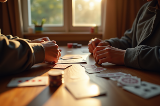 Deux personnes jouent à un jeu de cartes traditionnel à une table en bois
