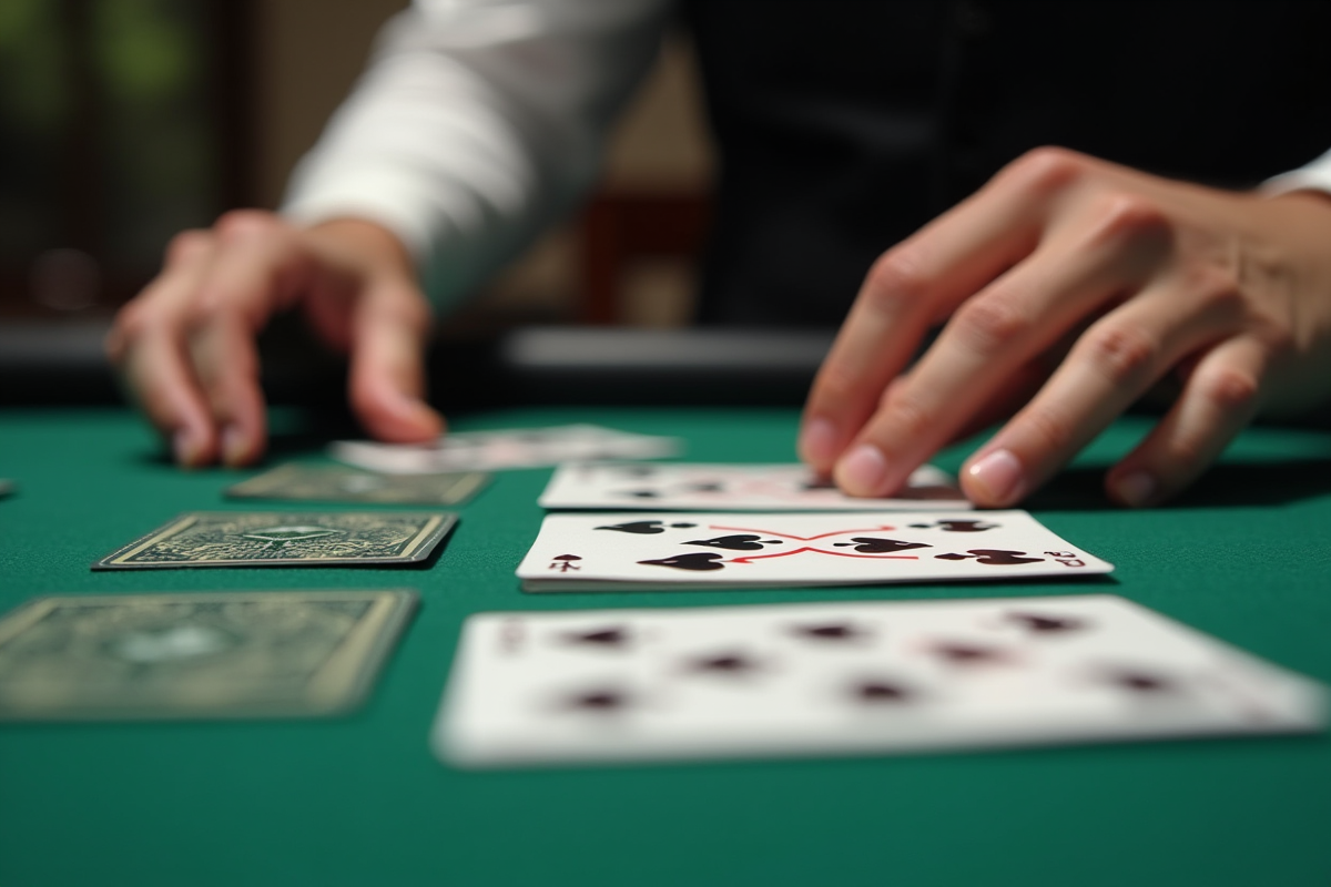 Gros plan sur des mains jouant à la Crapette avec des cartes et des détails fins
