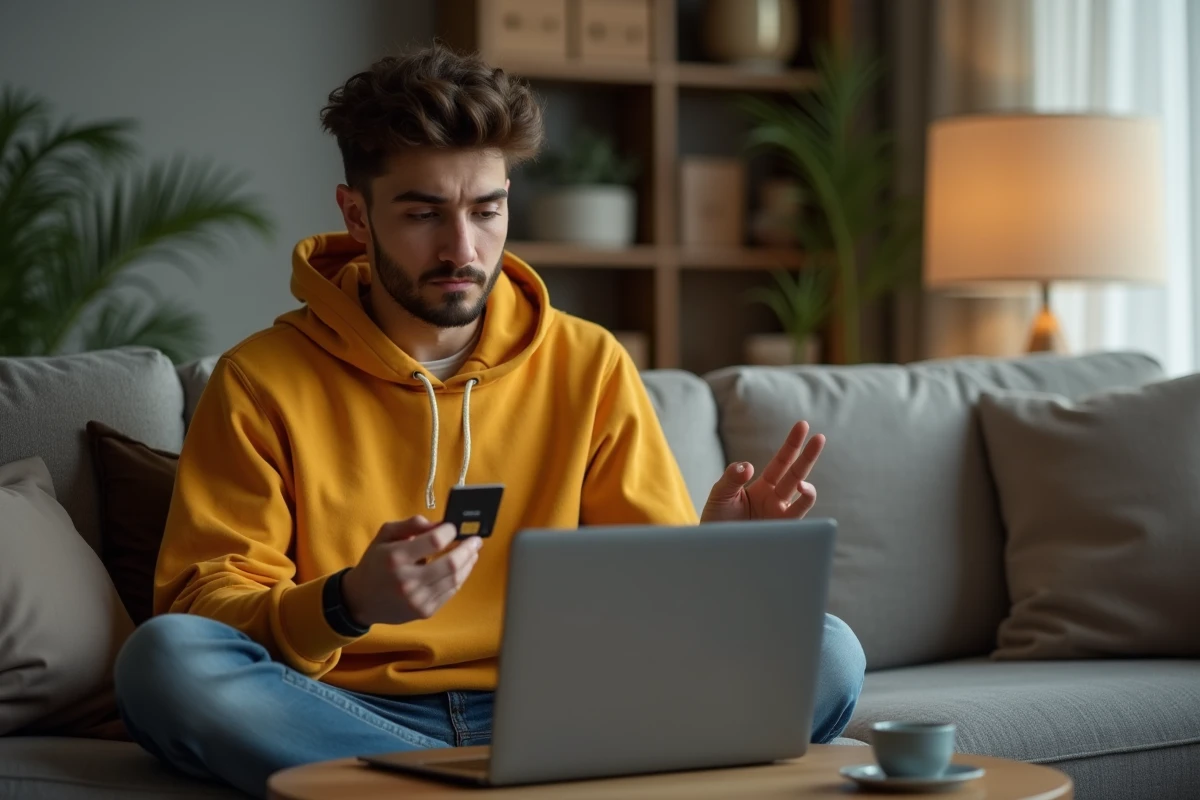 Jeune personne comparant les prix des forfaits carte SIM Orange sur un ordinateur portable dans son salon