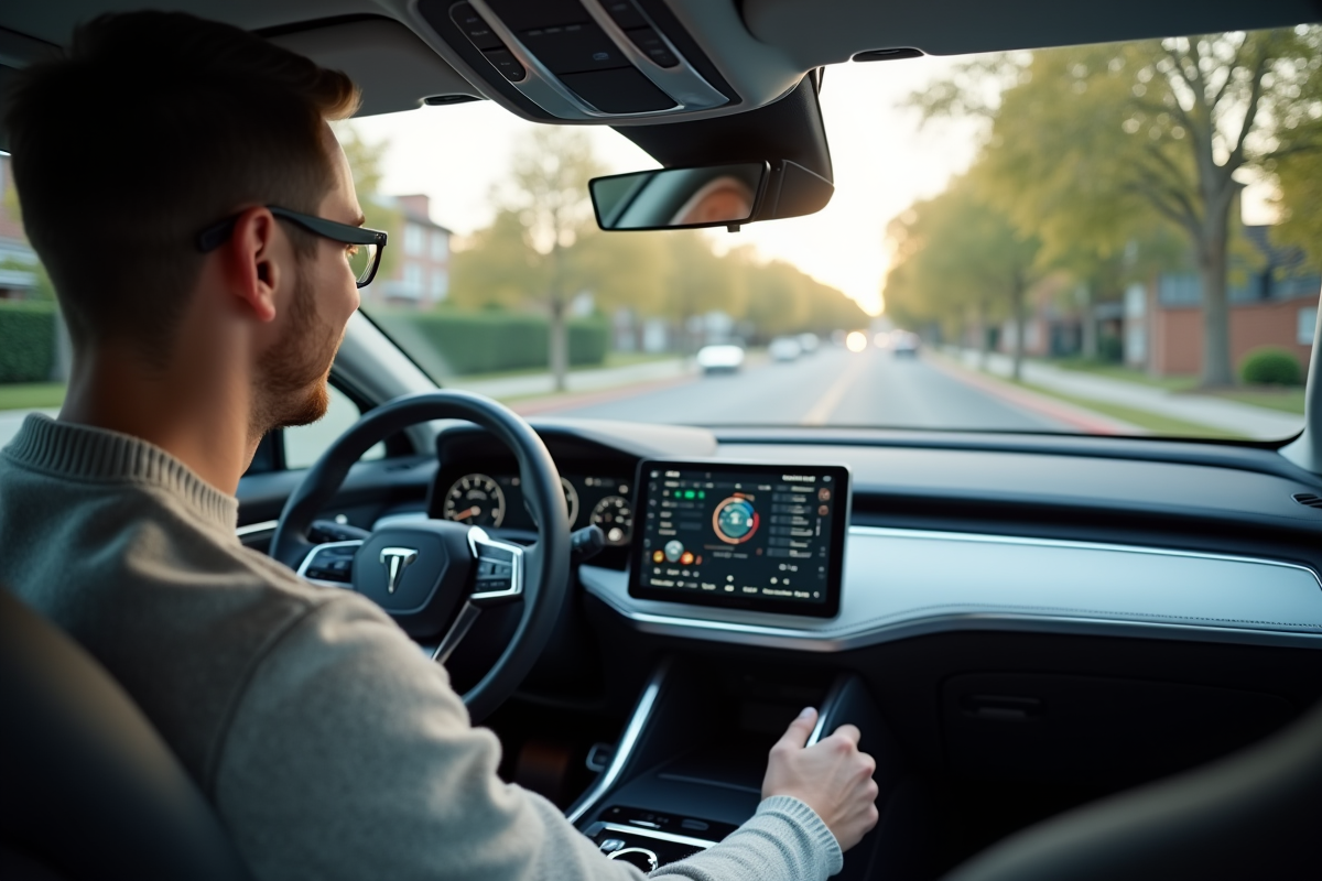Jeune ingénieur dans une voiture autonome avec écran tactile