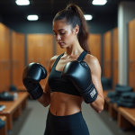 Jeune femme essayant des gants de boxe dans une salle de sport