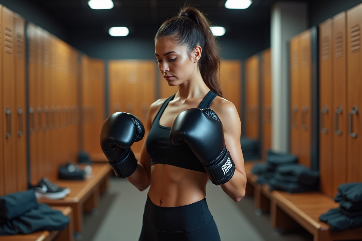 Jeune femme essayant des gants de boxe dans une salle de sport