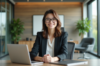 Jeune femme professionnelle dans un bureau moderne et lumineux