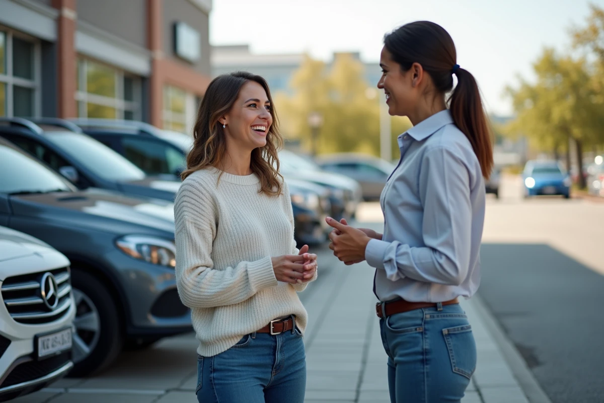 Jeune femme discutant avec un vendeur de voitures en extérieur