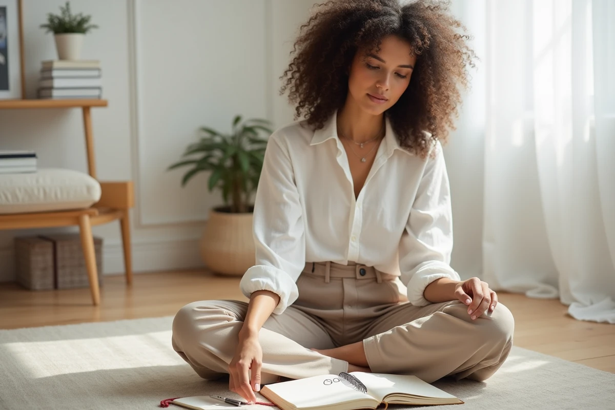Jeune femme assise sur le sol écrivant le nombre 0808 dans son journal, réflexion sur la coïncidence et la signification spirituelle