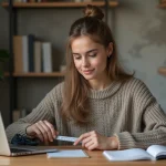 Jeune femme mesurant des chaussures avec un règle dans un bureau cosy