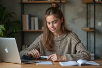 Jeune femme mesurant des chaussures avec un règle dans un bureau cosy