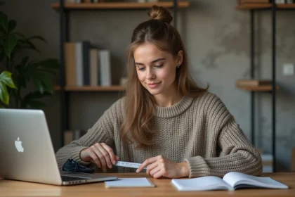 Jeune femme mesurant des chaussures avec un règle dans un bureau cosy
