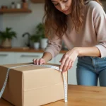 Jeune femme mesurant un colis en cuisine avec un ruban