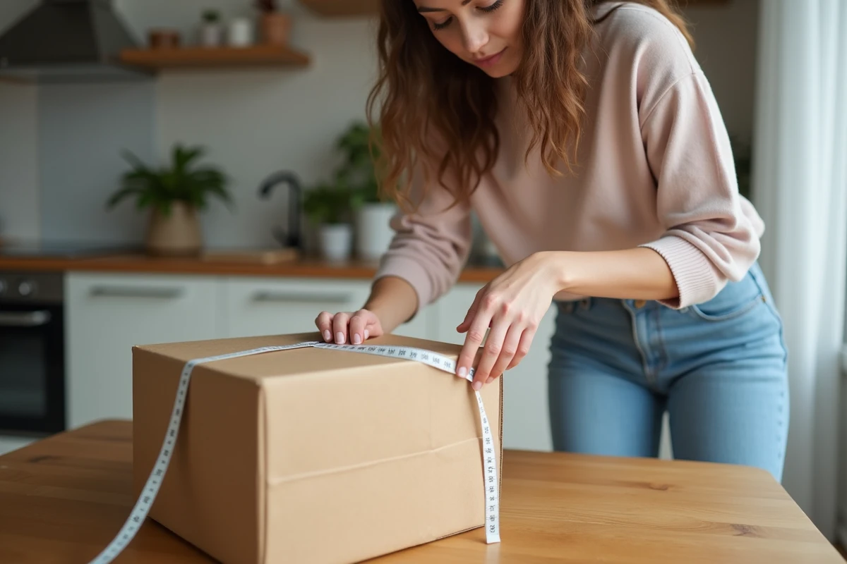 Jeune femme mesurant un colis en cuisine avec un ruban