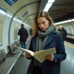 Jeune femme dans le métro de Paris étudie une carte