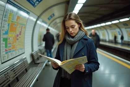 Jeune femme dans le métro de Paris étudie une carte