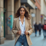 Jeune femme en blazer beige dans une ville animée