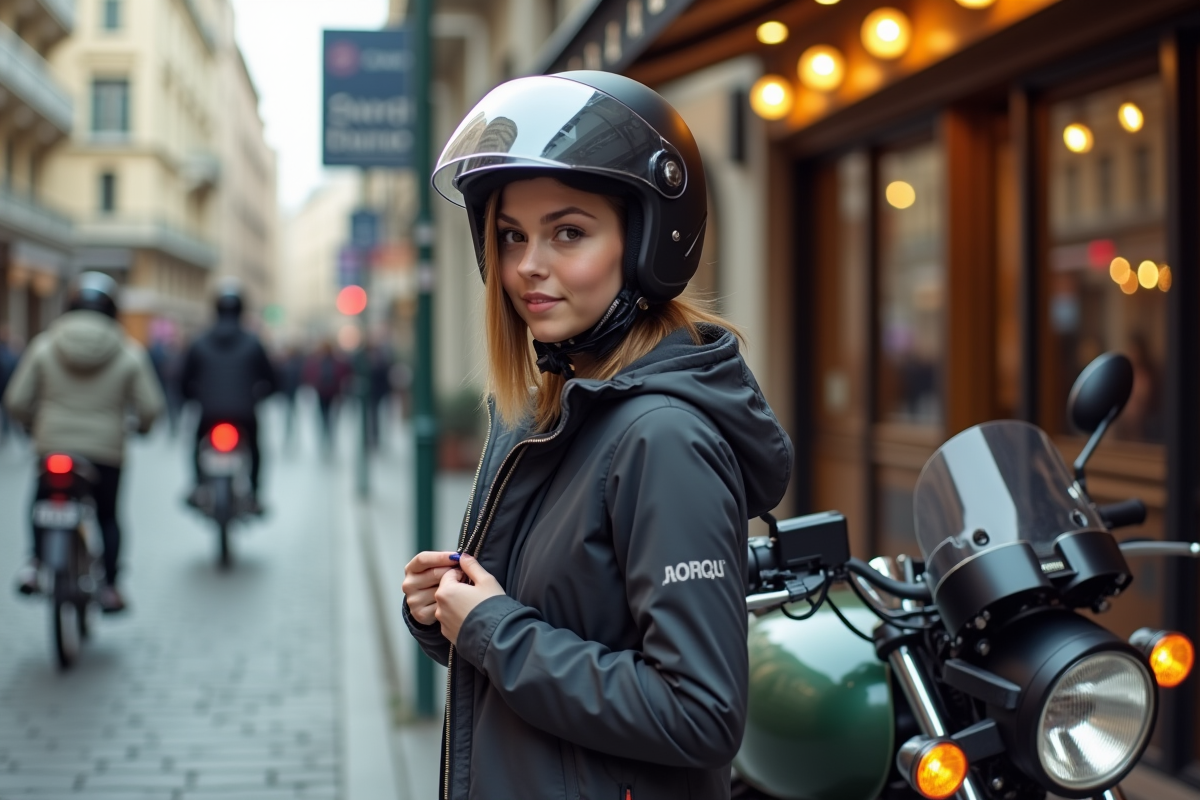 Jeune femme en moto en ville près d un café