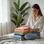 Jeune femme plie des vêtements colorés dans une chambre lumineuse