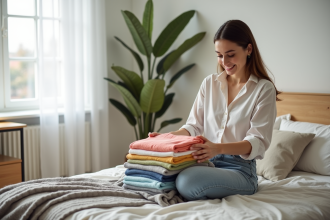 Jeune femme plie des vêtements colorés dans une chambre lumineuse