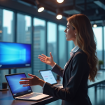Jeune femme professionnelle donnant une présentation dans une salle de presse moderne
