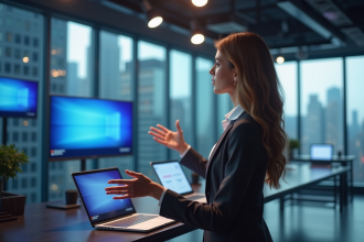Jeune femme professionnelle donnant une présentation dans une salle de presse moderne