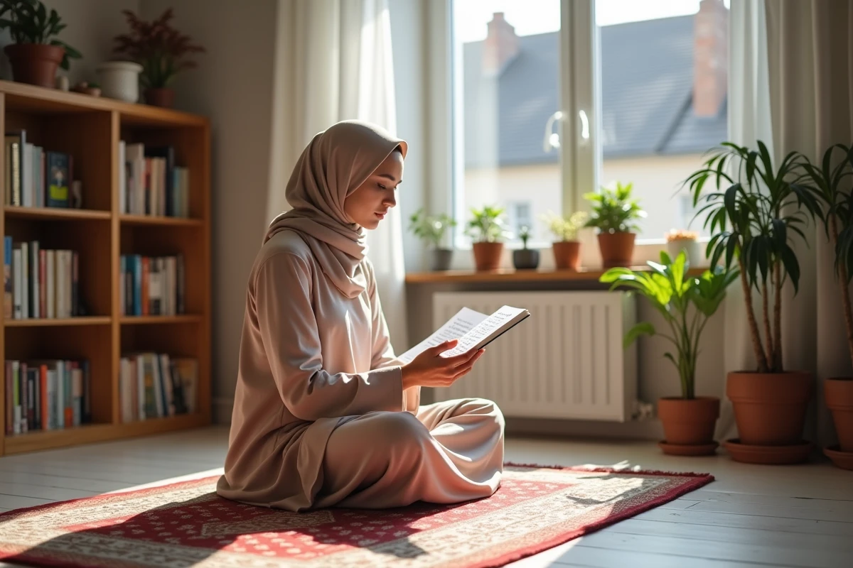 Jeune femme musulmane en hijab lisant un calendrier de prières chez elle