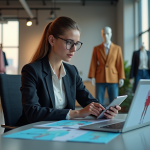 Jeune femme en blazer examine des rendus 3D de mode