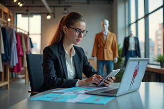 Jeune femme en blazer examine des rendus 3D de mode