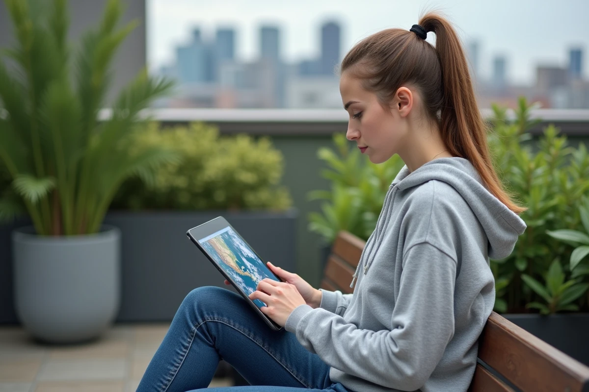 Jeune femme regardant une photo satellite de la Terre sur une tablette