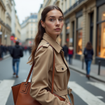 Jeune femme élégante en trench beige dans Paris