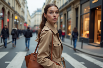 Jeune femme élégante en trench beige dans Paris