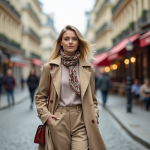 Jeune femme élégante en trench beige dans une rue parisienne