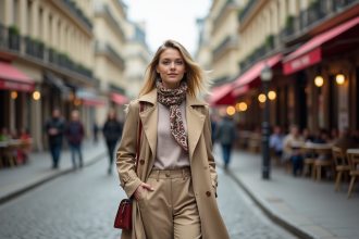 Jeune femme élégante en trench beige dans une rue parisienne