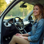 Jeune femme souriante dans une voiture électrique moderne