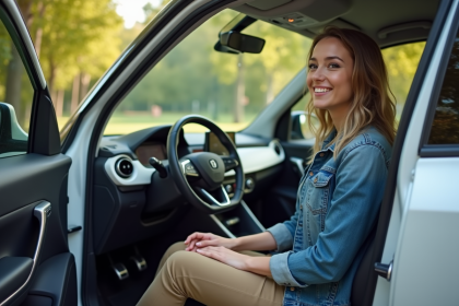 Jeune femme souriante dans une voiture électrique moderne