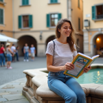 Jeune femme souriante en voyage en Europe avec guide