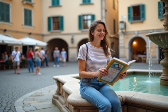 Jeune femme souriante en voyage en Europe avec guide
