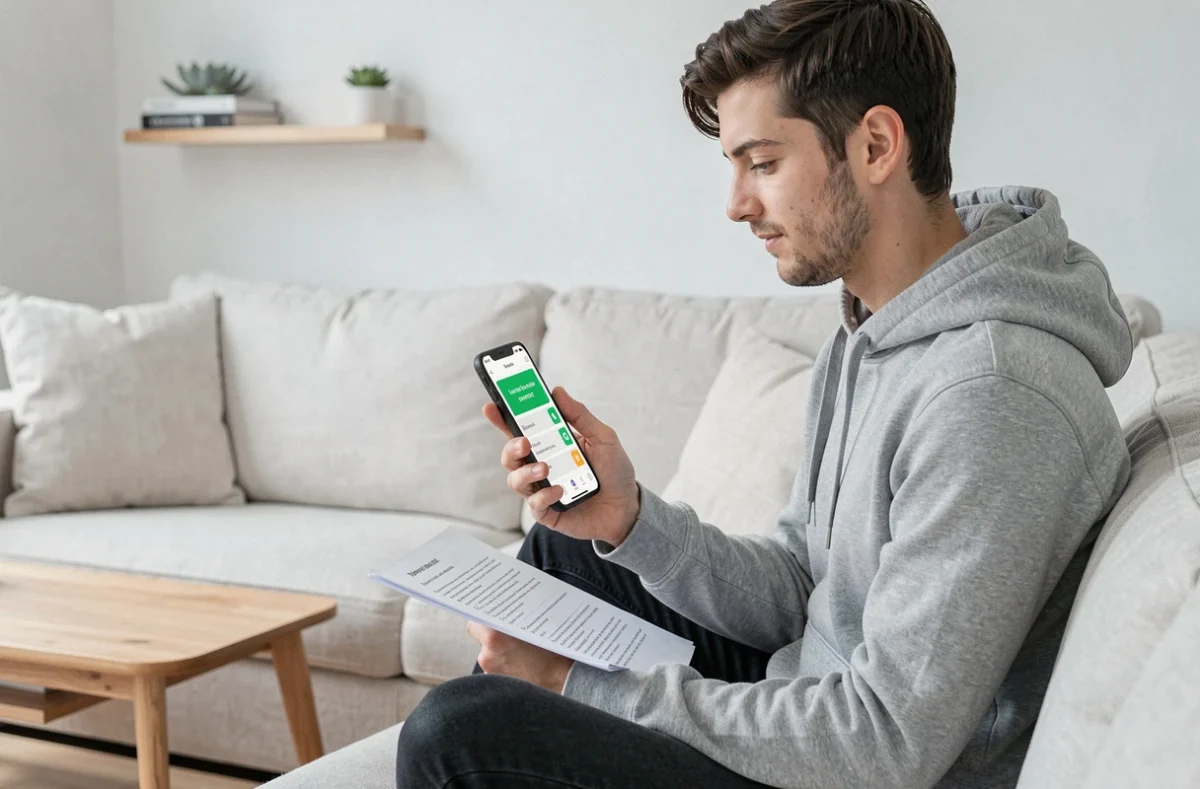 Jeune homme apprenant les règles de grammaire française sur smartphone depuis son salon moderne
