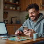 Jeune homme souriant jouant à un jeu de société dans la cuisine