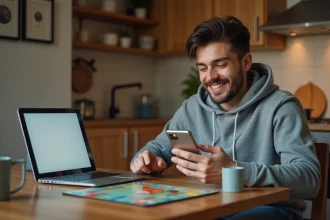 Jeune homme souriant jouant à un jeu de société dans la cuisine