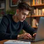 Jeune homme concentré sur son ordinateur dans un salon cosy