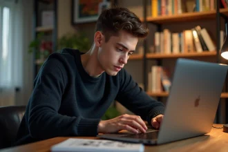 Jeune homme concentré sur son ordinateur dans un salon cosy